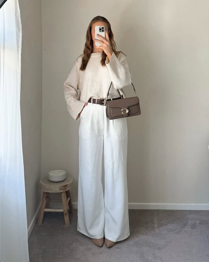 Cream Knit Sweater with White Tailored Trousers