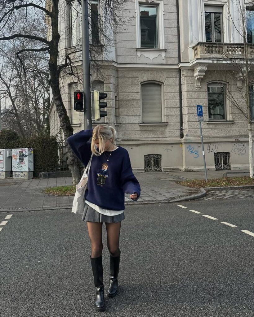 Casual Sweater & Mini Skirt with Knee-High Boots