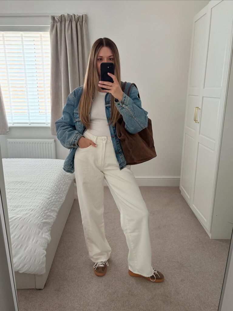 Blue Denim Jacket with Ecru Jeans for Everyday Chic