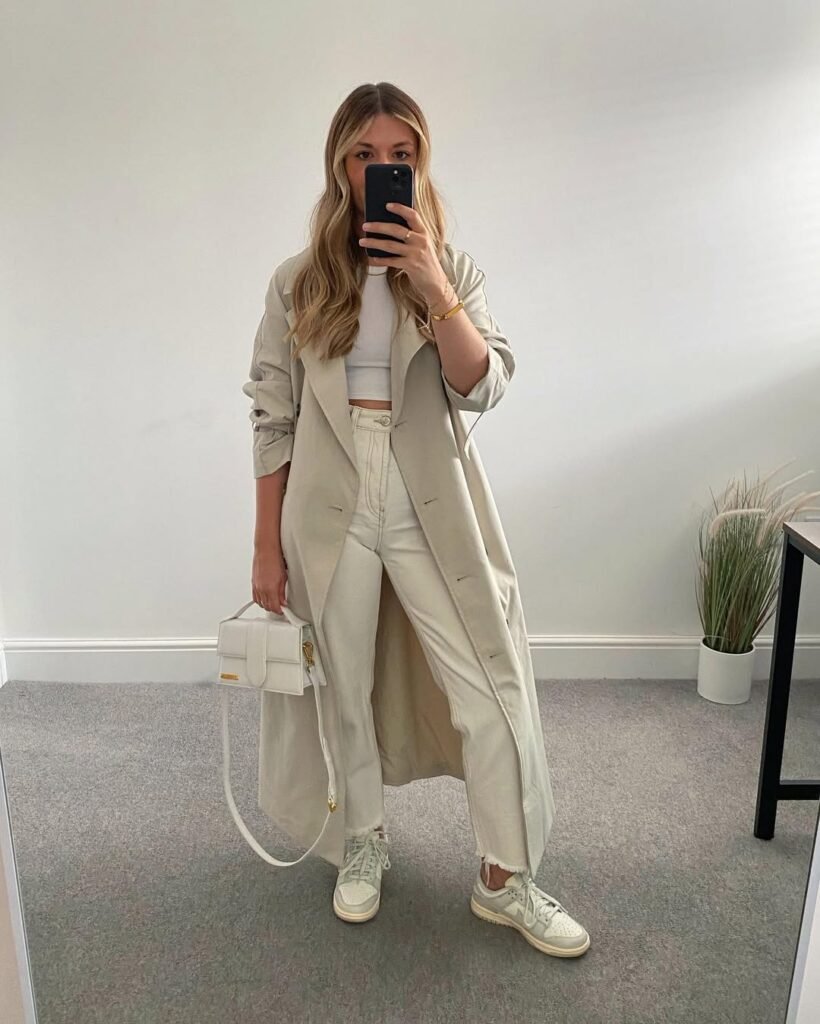 Long Neutral Coat with Ecru Jeans for Everyday Style
