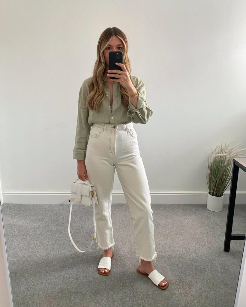 Soft Green Shirt with Ecru Jeans for Fresh Neutral Look