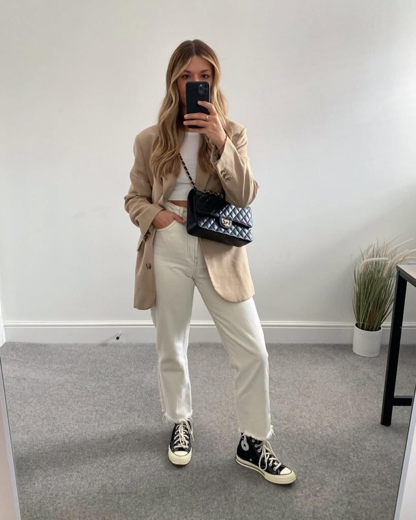 Beige Blazer and Ecru Jeans for a Neutral Look