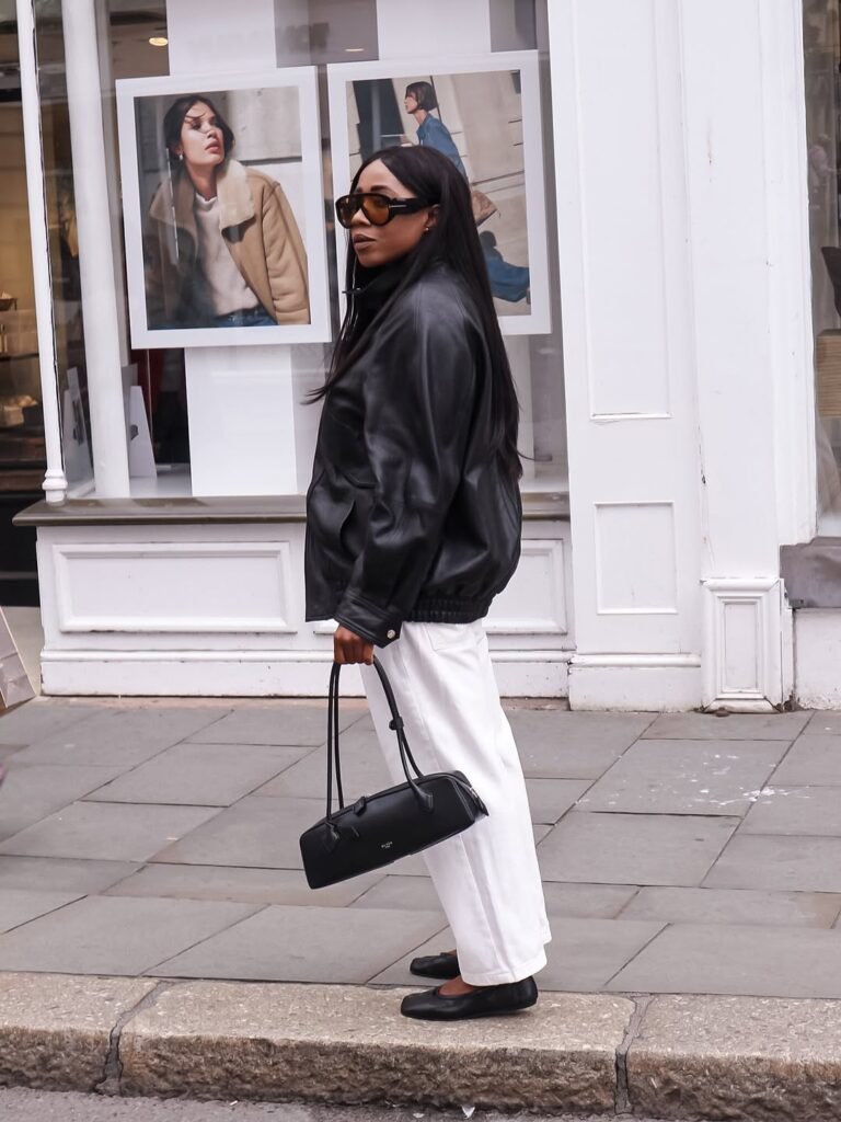 Black Leather Jacket with Ecru Jeans for Street Style