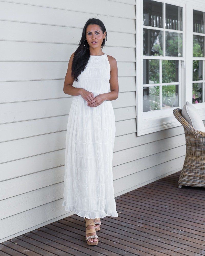White Maxi Dress for a Soft Party Look