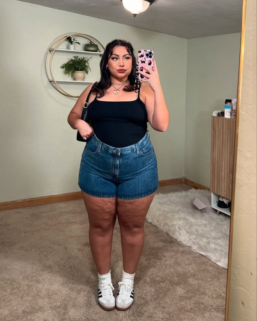 Black Top with Denim Shorts