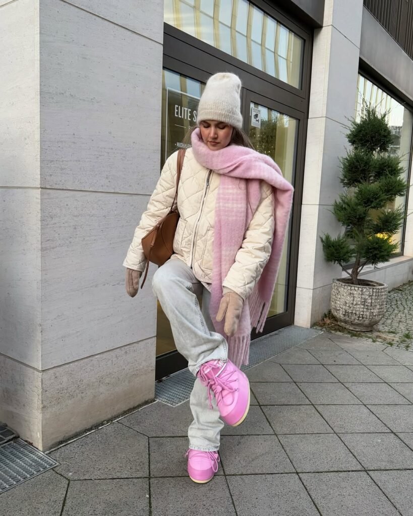 Girly Winter Look with Pink Moon Boots