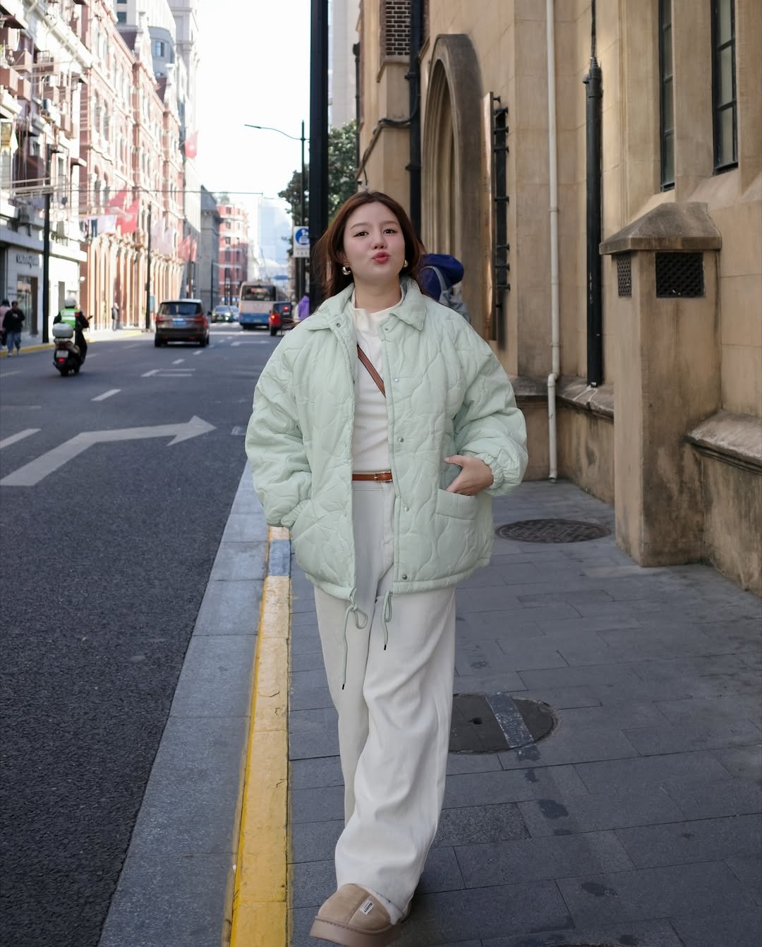 Pastel Quilted Jacket with Ecru Jeans for Soft Street Style