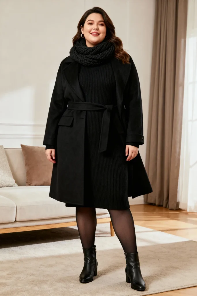 All Black Coat and Sweater Dress