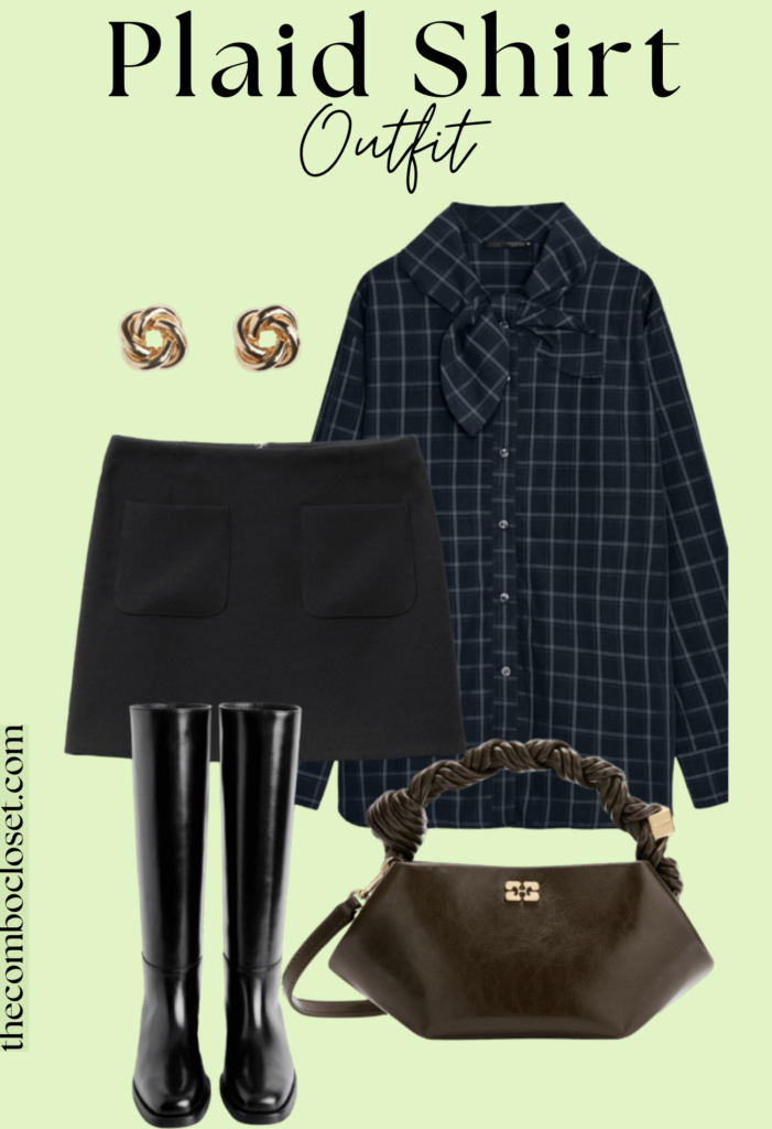 Black oversized plaid shirt With Skirt